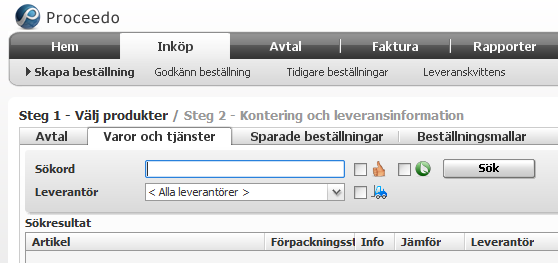 SYFTE Denna rutin beskriver hur du beställer läkemedel i Proceedo. BESKRIVNING Logga in i Proceedo. Steg 1 Välj produkter Det finns flera olika sätt att söka och välja produkter i Proceedo.