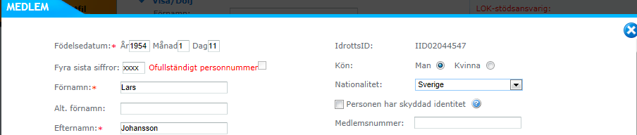 Gulmarkerad rad i medlemsregistret Den gulmarkerade raden överst i medlemsregistret är där för att göra dig uppmärksam på att det finns medlemmar inlagda i systemet utan fullständigt personnummer