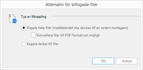 Bifoga dokument i e-postmeddelanden Dokument kan bifogas antingen som filer eller som länkar.