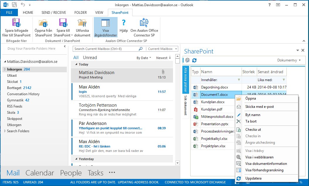 Åtgärdspanel i Outlook Med panelen kan användaren mycket enkelt dra och släppa dokument och e-