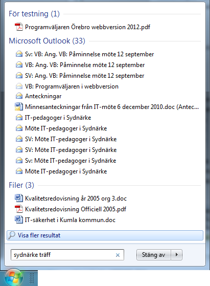 Organisera Inkorgen - Använda Windows sök Använda Windows sök Genom Windows