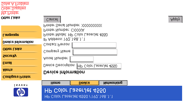Sidan om enhetsinformation På sidan Device information (Enhetsinformation) finns skrivarens IP-adress, skrivarmodell, skrivarnummer och serienummer.