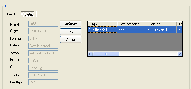 3.4.2 Befintlig Företagsgäst Är gästen en företagsgäst ser du först till att fliken Företag är vald i Gästinformation, sedan kan du välja att söka på gästnummer, organisationsnummer eller
