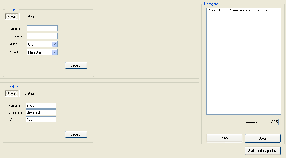 4.5.2 Boka Privatlektion Här väljer du för vilken dag du vill boka privatlektion i listan Datum. De alternativ som finns för dagen visas nu i listan.