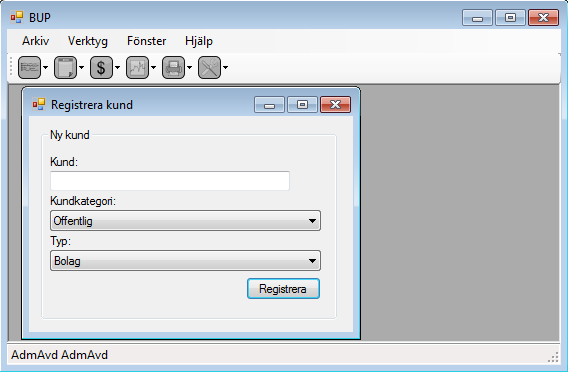 3.3 Registrera kund Klicka på ikonen Registrering och följ länken till Registrera kund. Figur 3.9: Öppna Registrera kund fönstret. Fönstret Registrera kund öppnas. Figur 3.10: Skapa en ny kund. 1.
