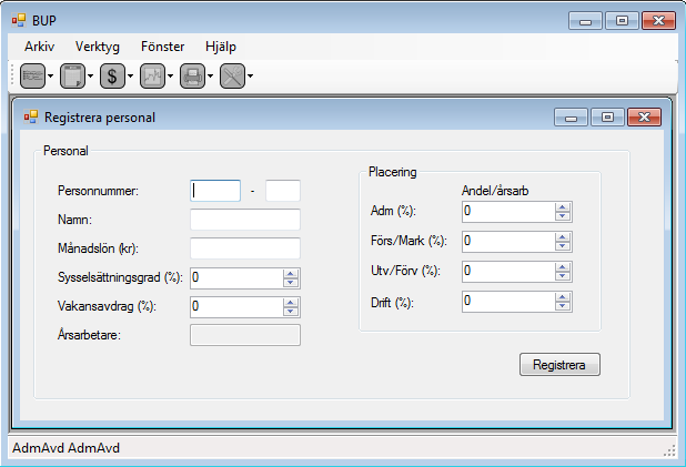 3.4 Registrera personal Klicka på ikonen Registrering och följ länken till Registrera personal. Figur 3.11: Öppna Registrera personal fönstret. Fönstret Registrera personal öppnas. Figur 3.12: Skapa ny personal/anställd.
