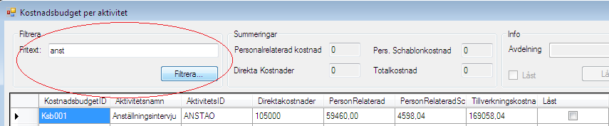 5. Budget 5.1 Kostnadsbudget per aktivitet Klicka på ikonen Budget och följ länken till Kostnadsbudget > Per aktivitet. Figur 5.1: Öppna Kostnadsbudget per aktivitet fönstret.