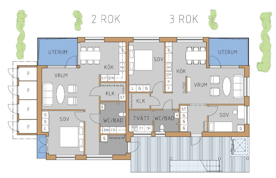 2 alt. 3 rum och kök Lägenheterna är ljusa, luftiga och lättmöblerade, takhöjden generös. Kök och vardagsrum är disponerade kring lägenhetens inglasade uterum.