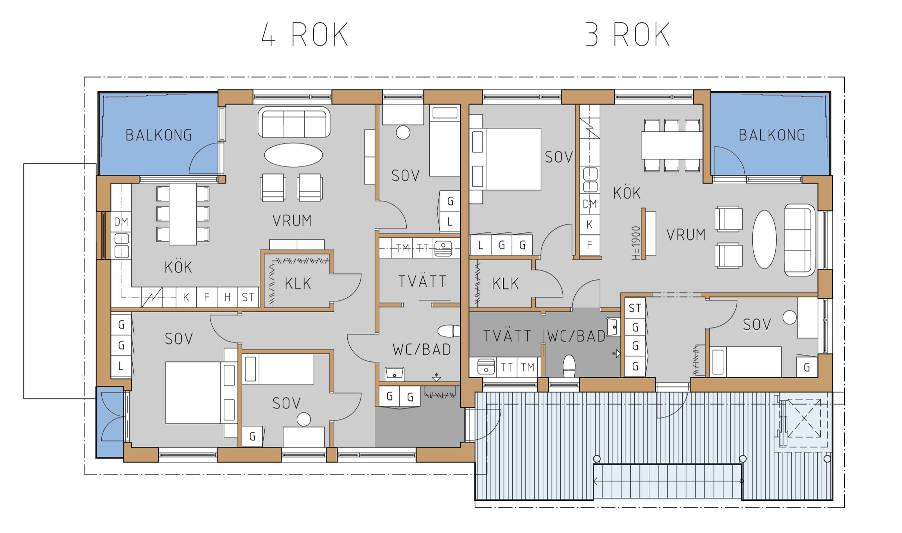 4 alt. 3 rum och kök Lägenheterna är ljusa, luftiga och lättmöblerade, takhöjden generös. Kök och vardagsrum är disponerade kring lägenhetens inglasade uterum.
