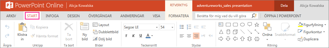 Saker som du kanske letar efter i PowerPoint Online Använd den här tabellen för att hitta några av de verktyg och kommandon som oftast används i Power Point Online.