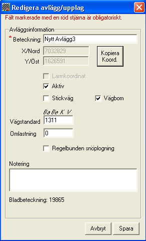 1.4.4 Redigera ett Avlägg.. a) Alt 1. Öppna Sökformuläret för avlägg, se punkt 1.4.1 ovan Ange sökvillkor och leta fram det avlägg som skall redigeras.