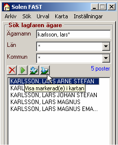 1.2.2 Sök en Markägare.. a) Växla till att söka på Markägare i Solen FAST formuläret genom att välja Sök på menyn och därefter klicka på Lagfaren ägare.. b) Ekås 1:9 ägdes av Lars Arne Stefan Karlsson.
