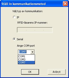 .doc 4 (17) 2 Start av demoväskan 2.1 Ange IP-nummer eller Serieportsnummer PC-programmet startas genom att man dubbelklickar på RFIDdemo.exe.