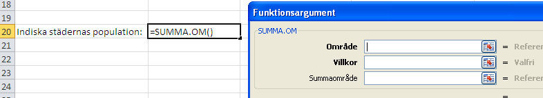 Övning 16 Summa Om - funktionen Summa Om -funktionen finner man i Matematik och trigonometri under fliken Formler Med hjälp av denna funktion kan man addera cellers innehåll efter ett givet villkor.