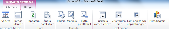 Skapa pivotdiagram från Pivottabell När du skapat en pivottabell är det enkelt att förvandla den till ett pivotdiagram. När du ändrar pivottabellen kommer även pivotdiagrammet att uppdateras.