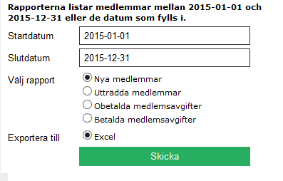 28 Ta fram medlemsstatestik 1. Klicka på Medlem, Rapporter, Medlemsrapport i övre kant. 2.