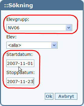 Elevfrånvaro Mina elever (Frånvarolista) Frånvaro i procent Förutom den grafiska översikten vill man ofta först få fram totalsummor för sin grupp för ett visst tidsintervall.