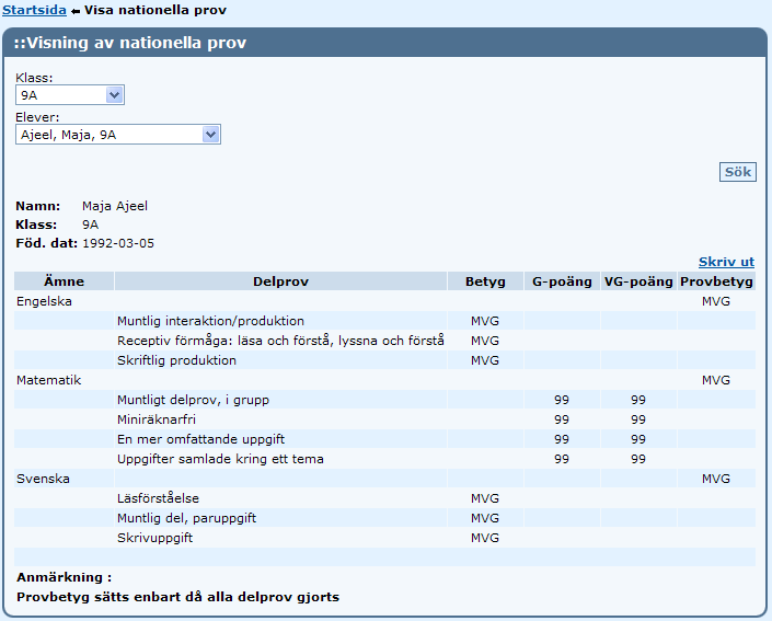Nationella prov Visning av nationella prov Om man är registrerad som klassföreståndare eller mentor i systemet kan man se resultaten av alla nationella proven för sina elever.