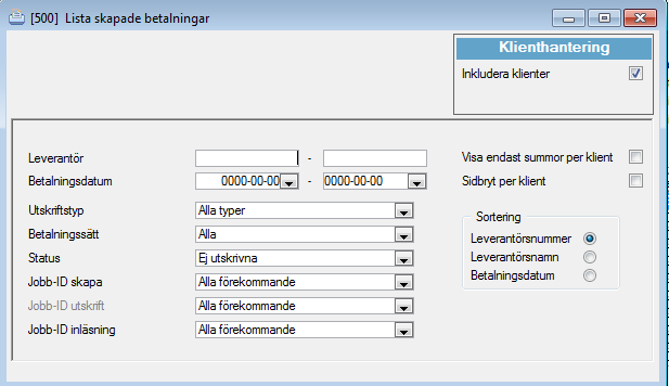 LISTA SKAPADE BETALNINGAR Leverantörsbetalningar Lista skapade betalningar Ger en utskrift av skapade betalningar.