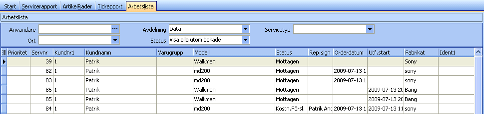 60. Programmets delar Home > Programmets delar > Ordermottagning > Arbetslista Arbetslista I fliken Arbetslista visas alla inneliggande serviceordrar.