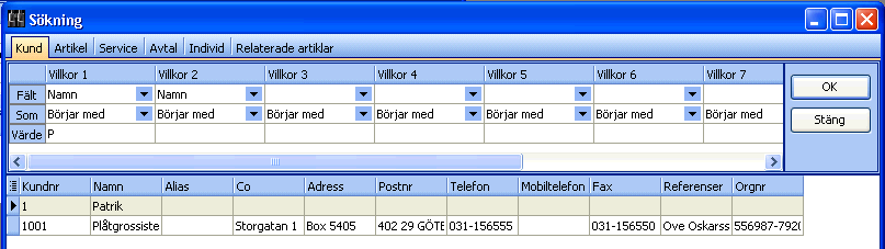 62. Programmets delar 3. Välj hur urval ska göras i fältet Som, genom att välja ett urvalsvillkor i den nedersta listan i villkorstabellen. Exempelvis 'Innehåller'.