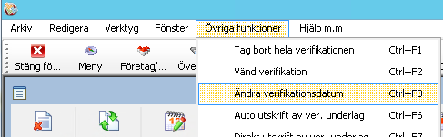 Ange det datum till vilket verifikationshuvud och verifikationsrader skall flyttas. Verkställ med [Starta]. Möjlighet finns att ändra datum under övriga funktioner (Ctrl + F3).