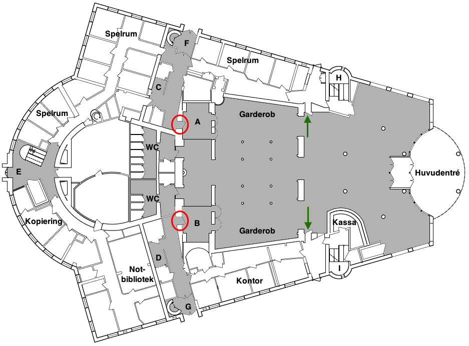 Brandteknisk riskvärdering av Örebro Konserthus Figur 13.1. Förslag på nya utrymningsvägar i entrén är markerade med pilar.
