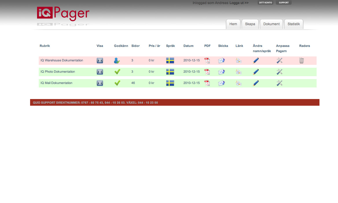 3. Dokument 3.1 Dokument Här kan du se och hantera de Pagers som finns i ditt system. 3.1.1 Visa Pager För att visa en Pager, klicka på ögonikonen under Visa och ett nytt fönster kommer upp.