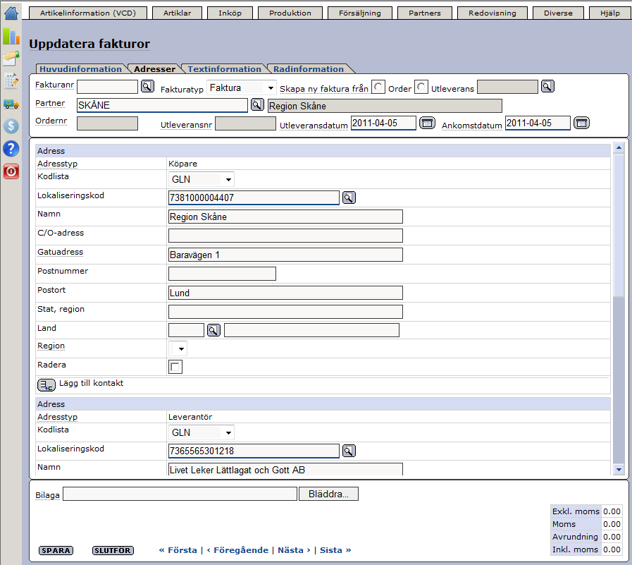 Senast Uppdaterad: 11-04-12 Exder Region Skåne e-faktura Sida 11 av 23 Ni kan här se er partners huvudadress och även er egen adress.