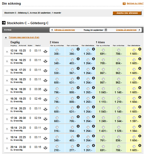 TIDTABELL Ändra resdag Om du vill ändra resdag byter du enkelt till förgående eller nästföljande