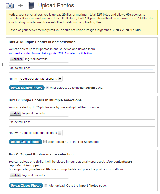 För att lägga in bilder i vårt gemensamma album klickar Du på Photo Albums / Upload Photos. Då dyker nedanstående bild upp. Vi använder Box A eller B inledningsvis. Metoden är skäligen enkel.