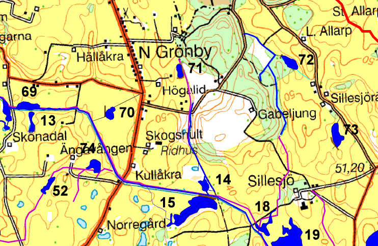 Karta 3.1-12 Våtmarksläge 69-74 Våtmark 71 Våtmarksläge 71 ligger söder om Norra Grönby (Se karta 3.1-12). Våtmarken anläggs genom schaktning på åkermark.
