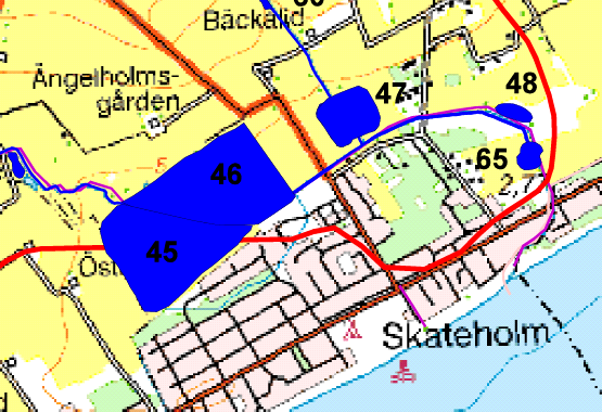Karta 3.1-14 Våtmarksläge 40 och 45-48 Våtmark 47 Våtmarksläge 47 ligger på fastighet Stora Beddinge 3:3>1 (Se karta 3.1-14).
