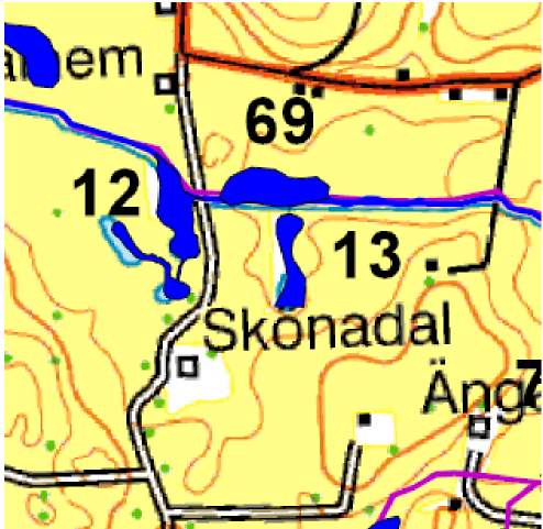 Karta 4.1-1 Bilden t.v. visar våtmark nr 3, Stora Markie och kartan till höger visar läget på våtmark 3 Våtmark 12 Våtmarksläge 12 är anlagd på fastighet Grönby 16:25 (Se karta 4.1-2).