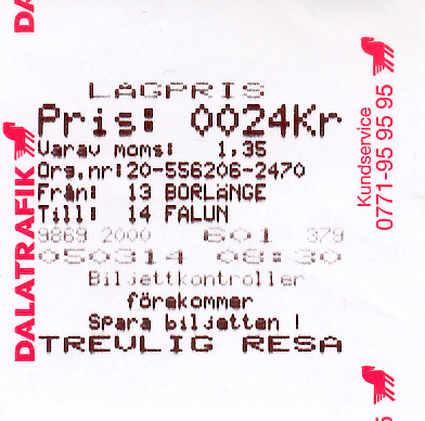 Förarnummer Pris Från/till zon Linje