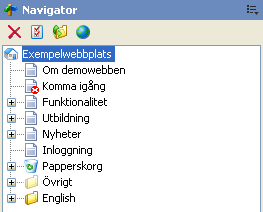 Meny Snabbikoner (Ta bort, Egenskaper, Flytta markerad sida, Översätt sida) Navigationsträd För att se underliggande sidor under en mapp eller en sida, klicka på plustecknet.