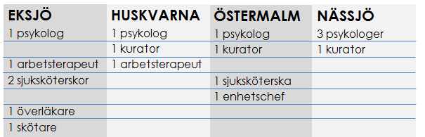 BILAGA 1 DANIELA BACCARINI, PELLE ÖSTBERG Profession inom psykiatriska vården Sammanlagt har arton personer intervjuats (inklusive en läkare inom habiliteringsvården i Jönköping).