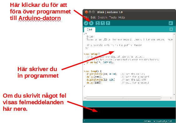 Arduino IDE Programmet skrivs in på den bärbara datorn i ett särskilt program som kallas för Arduino IDE. Det ligger i mappen Arduino på skrivbordet.