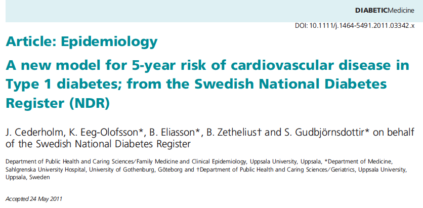Nya modeller för att beräkna kardiovaskulär risk vid typ 1 och typ 2 diabetes Cederholm J, et