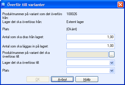 PRODUKTVARIANTER 3. Klicka på Överföra till annan variant. 4. Skriv in antalet som ska dras från lagerbehållningen till varianten du överför från. 5. Skriv in antal som lagerförs för varianten.