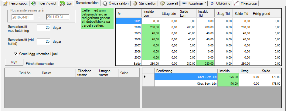 Semesterhantering Vi har gjort om hanteringen av semester och utökat antalet flikar i personalregistret. Även semesterskuldlistan och lönespecifikationerna är omgjorda.