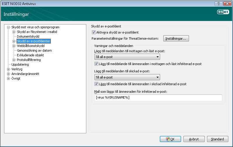 4.1.2.2 Integrering med e-postklienter När ESET NOD32 Antivirus integreras med e-postklienter förbättras nivån av aktivt skydd mot skadlig kod i e-postmeddelanden.