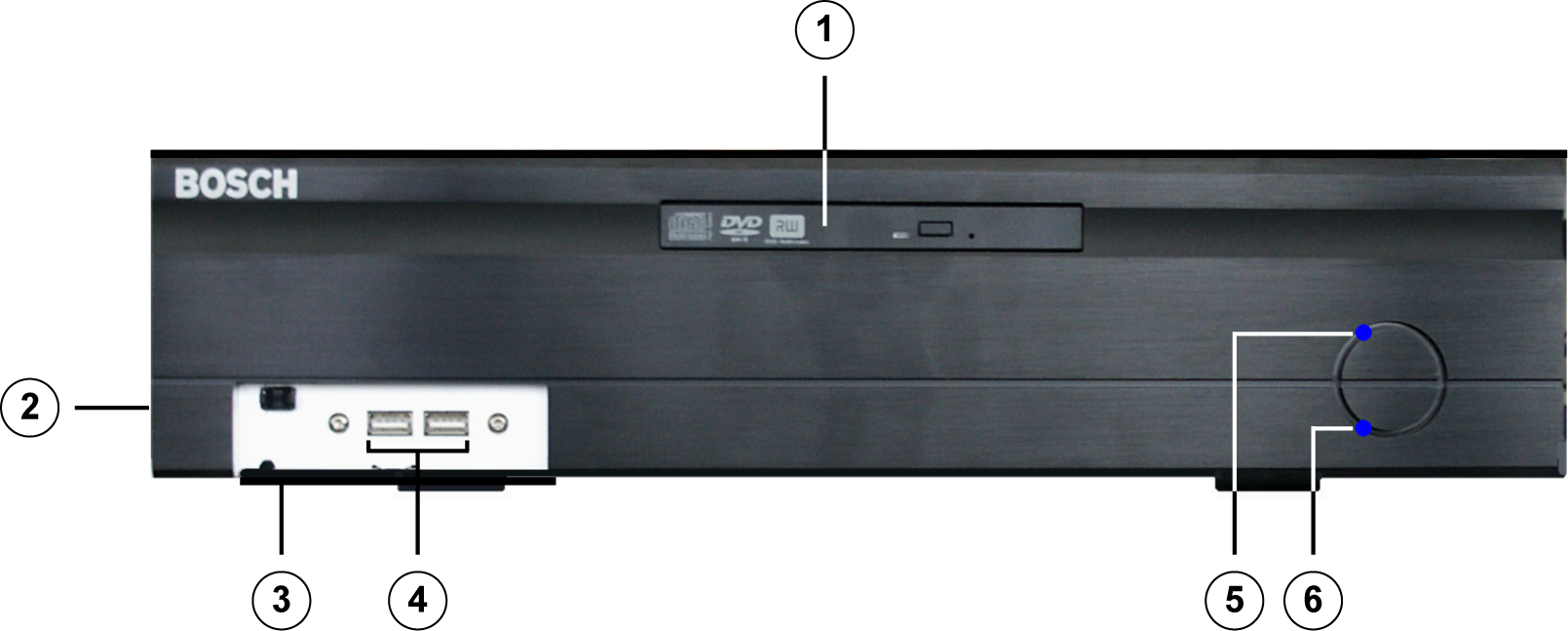 DiBos/DiBos Micro Enhetsanslutningar sv 25 3.2 DiBos Micro 3.2.1 DiBos Micro, sedd framifrån 1 DVD-RW 4 2 x USB2.
