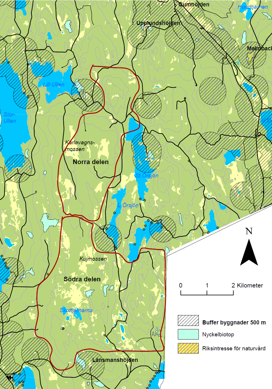 10.8 Område 8: Örsjön-Länsmanshöjden Lokalisering Området ligger väst till sydväst om Ullensjöarna. Området är relativt flackt och innehåller ett flertal myrar.