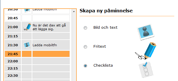 6.3.5 BOKNINGEN LÄGGS I DAGVYN Påminnelsen läggs in på aktuell tid med ikonen för funktionen bild och text. 6.3.6 FRITEXT För att välja funktionen Fritext så klickar man i ringen framför textraden.