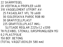 Rapport 10 Vägguppbyggnad utifrån och in i färdig vägg på långsida respektive gavel: Långsida: Gavel: Elementen fraktades liggande och levererades utan fönster i då detta var för svårt att hantera i