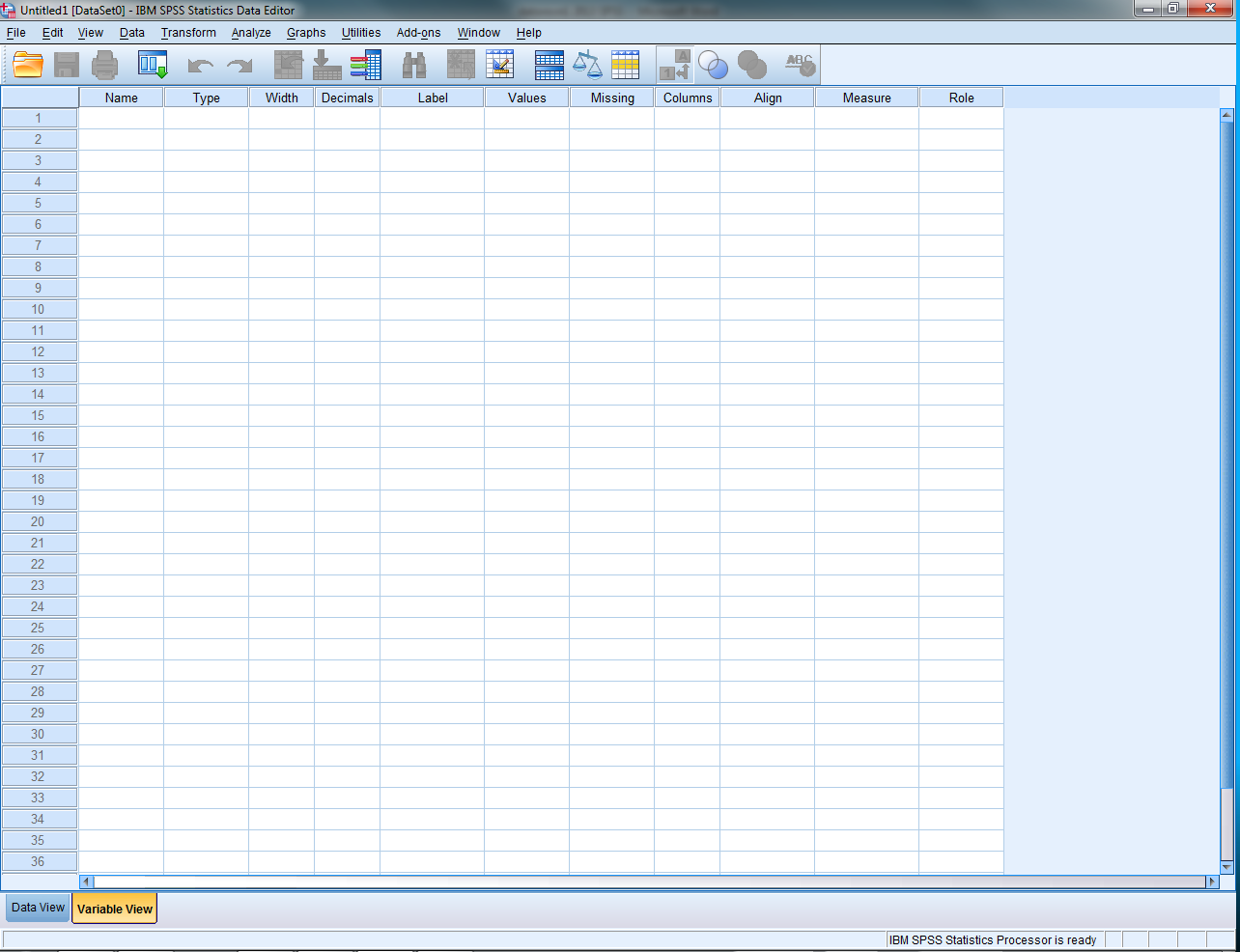 Fönstret Data View visar inmatade data, medan fönstret Variable View används för att skapa, definiera och hantera variablerna.