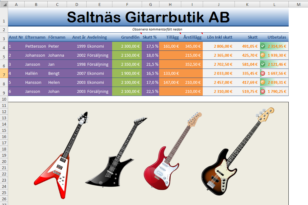 60 IT grundkurs 2 i datateknik vid Ålands lyceum ÖVNING 2.4 Öppna arbetsboken Saltnäs Gitarrbutik.xlsx, filen är lagrad under Ovningar/ Dan/ Microsoft Excel.