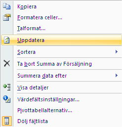 91 IT grundkurs 2 i datateknik vid Ålands lyceum UPPDATERA EN PIVOTTABELL När något ändrats i den databas en pivottabell är baserad på, eller om nya poster tillkommit i databasen, så uppdateras inte
