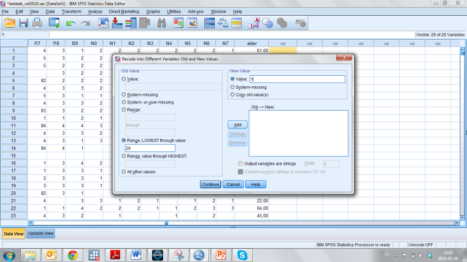 Koda om en variabel (4/9) Ange vilka värden som ska kodas om (här från lägst till och med 29) Ange nytt värde (här 1 ), klicka på Add Koda om en variabel (5/9) Ange vilka
